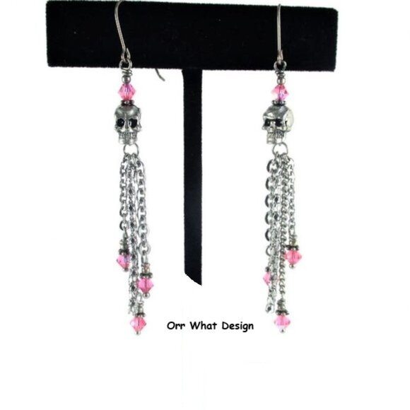 Skull Chains Pink Swarovski Crystal Earrings Silver Spooky Fun Jewelry Halloween - Picture 1 of 7